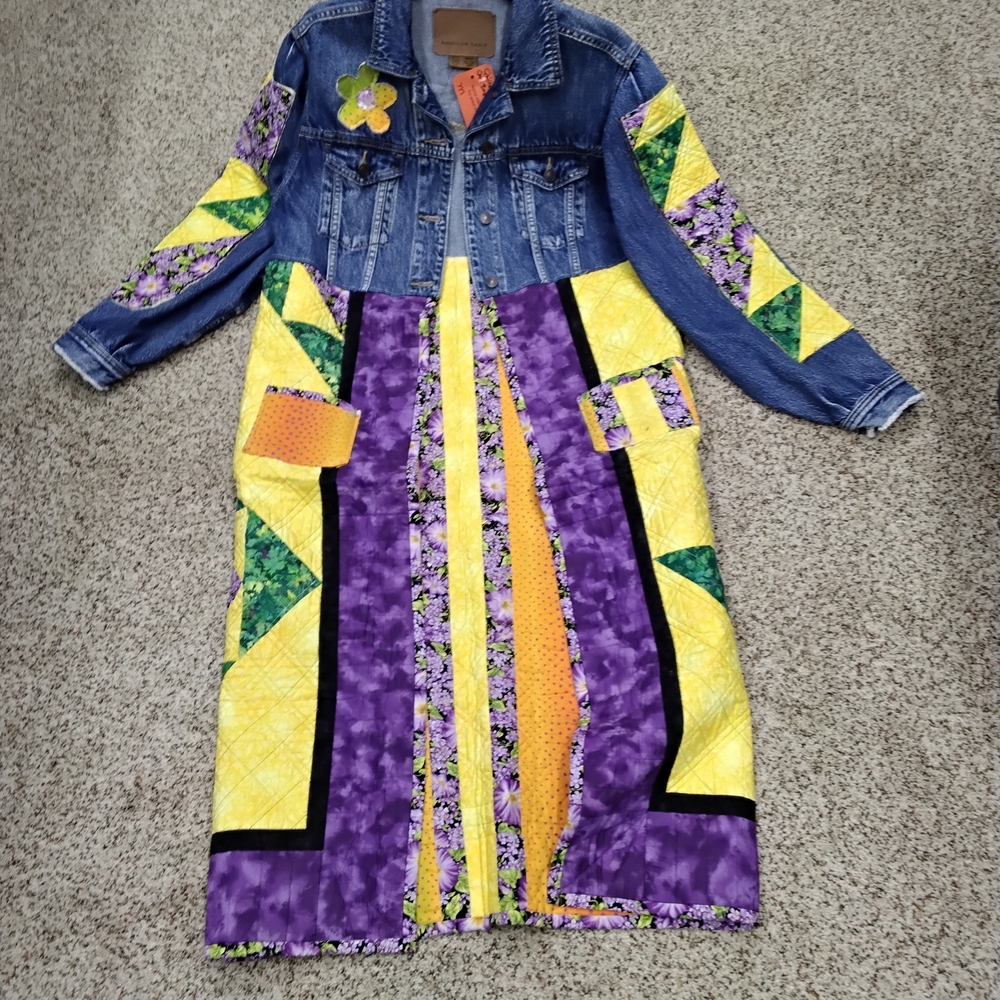 American Eagle Outfitters Patchwork Denim Jacket with Purple and Yellow Accents - Picture 1 of 8